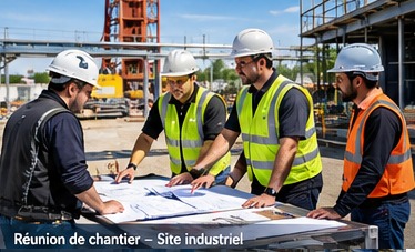 Réunion de chantier sur site industriel
